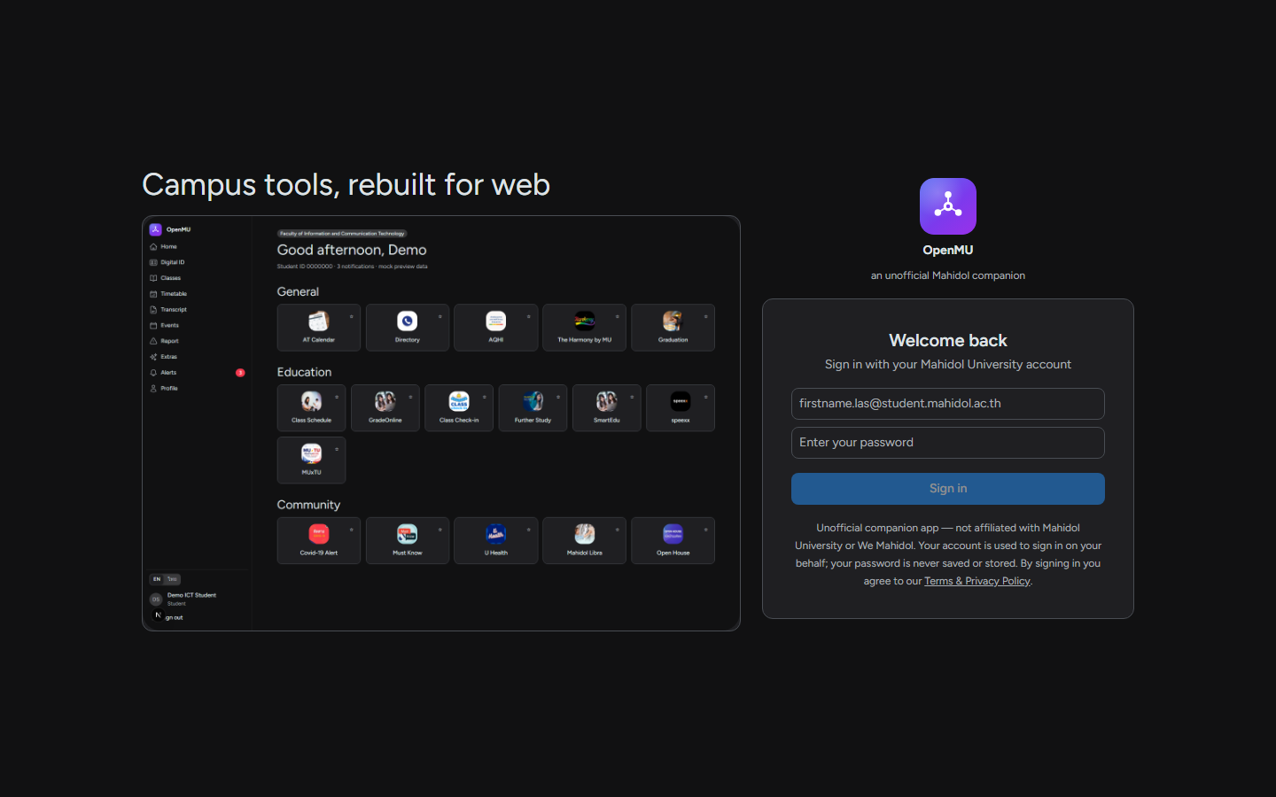 OpenMU login page beside a mock dashboard preview of Mahidol campus tools